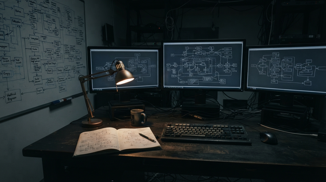 An engineering workspace: monitors showing system architecture diagrams, a whiteboard covered in a process flow, and a notebook of hand-drawn workflows.